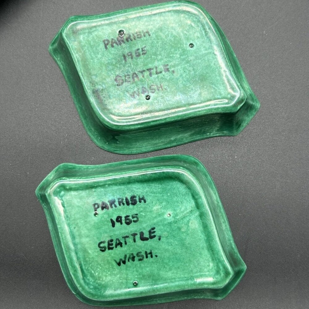 Vintage 1955 Studio Art Pottery Set Ceramic Green Glazed Box + 2 Side Dishes - Picture 3 of 14